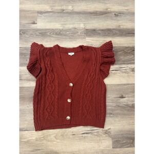 Entro Women's Rust Cable Knit Ruffle Sleeve Button Front Sweater Vest L